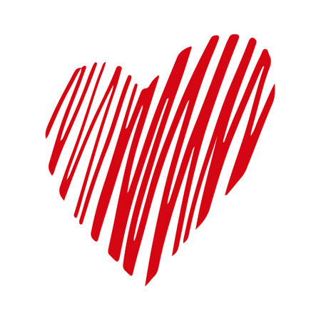 Vector hand drawn Valentine's red heart isolated on white background. Decorative doodle love heart shape sketch style. Scribble ink heart icon for wedding design, wrapping, ornate and greeting cardsのイラスト素材