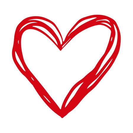 Vector hand drawn Valentine's red heart isolated on white background. Decorative doodle love heart shape sketch style. Scribble ink heart icon for wedding design, wrapping, ornate and greeting cardsのイラスト素材