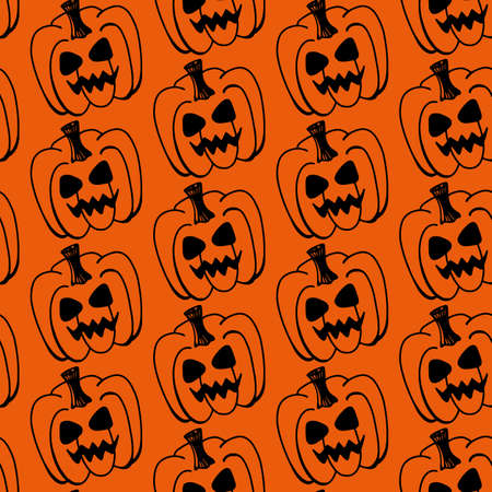 Halloween vector pumpkin seamless pattern isolated on orange background. Funny, cute illustration for seasonal design, textile, decoration kids playroom or greeting card. Hand drawn prints and doodleのイラスト素材