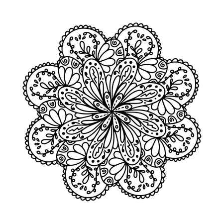 Floral vector mandala with flowers and leaves in doodle style isolated on white background. Funny coloring and cute illustration for seasonal design, textile, decoration kids playroom or greeting cardのイラスト素材
