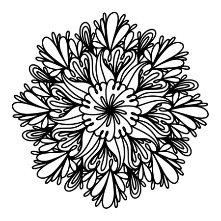 Floral, hand drawn aster mandala flowers in doodle style isolated on white background. Funny and cute coloring for seasonal design, textile, decoration kids playroom or greeting card. Chrysanthemum.のイラスト素材