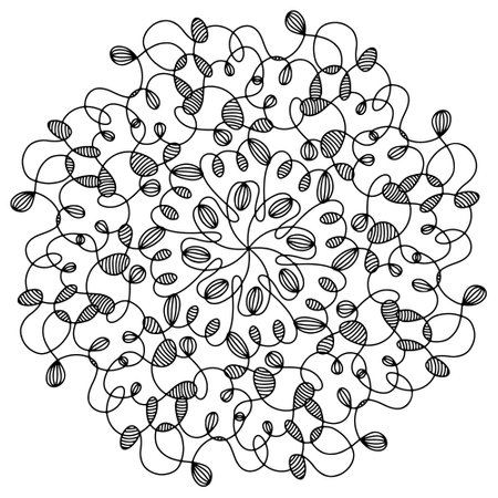 Hand drawn spider web mandala isolated on white background. Cute doodle squid, octopus, tentacles, alien, hive, dreamcatcher. Coloring page for adults and kids. Scribble ink line art. Antistress bookのイラスト素材