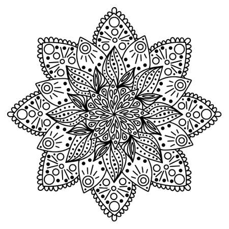 Floral, hand drawn aster mandala flowers in doodle style isolated on white background. Coloring page for adult and kids, decorating kids playroom or greeting card. Chrysanthemum, Lotus.のイラスト素材