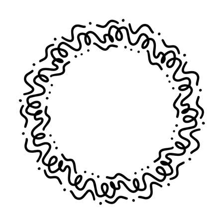 Vector round abstract frame, doodle curls and dots isolated on white background. Cute Illustration for seasonal design, textile, decoration kids playroom or greeting card. Hand drawn prints and doodleのイラスト素材