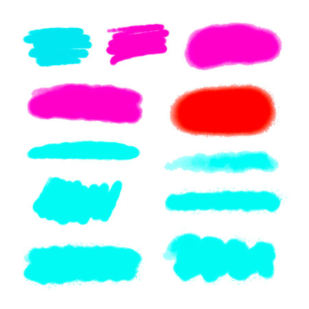 Hand drawn set of different brush strokes, paint brush smears. Vector abstract ink stripes, blobs, spot, blotch isolated on white background. Pink, red, blue textured watercolor elements for designのイラスト素材