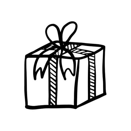 Vector hand drawn birthday present for party, celebration. Doodle rectangular shape gift box with wavy lines, holiday ribbons. Scribble, wavy, swirls, twirls. Scribble ink adult and kids coloring pageのイラスト素材