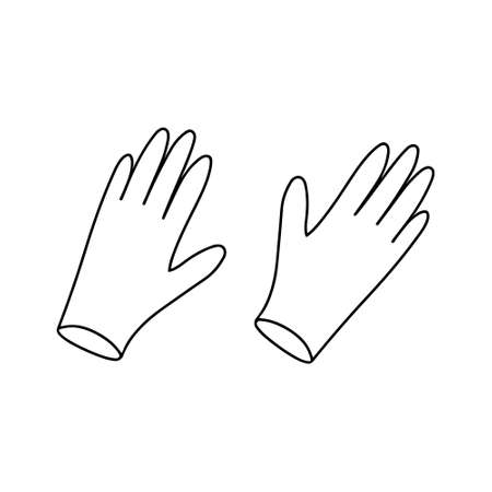 Hand drawn polyethylene gloves of hair care products isolated on white background. Hairdresser doodle rubber gloves for hair dye. Scribble adults and kids coloring page. thin line hands protectionのイラスト素材