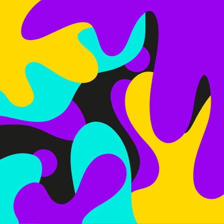 Hand drawn abstract lava shape. Decorative doodle lava pattern isolated on black background. Abstract elements, drops, doots, cloths, syrup, treacle. Pink, violet, blue, yellow decorative elementsのイラスト素材