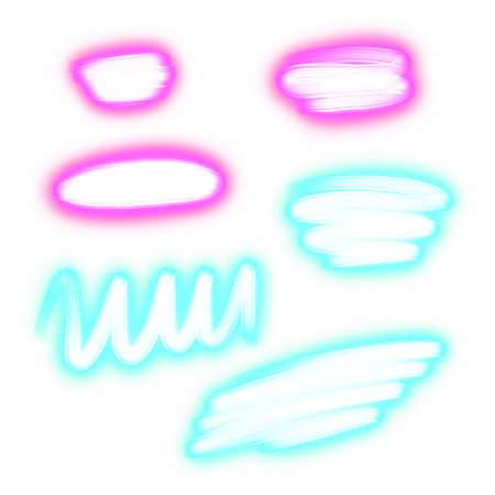 Hand drawn creative set of brush stroke clip art isolated on white background, dynamic oiled smear, multicolor neon paint texture, blue, violet, pink acrylics, grunge, rainbow. Zigzag, swirl, twirlの写真素材