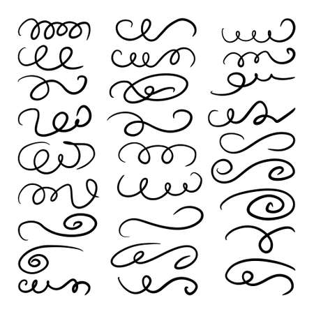 Curls abstract scribble with hand drawn line. Doodle decorative curls, swirls, flourishes and text calligraphy dividers collection. Simple vintage elements isolated on white background for design.のイラスト素材