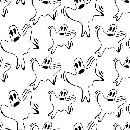 Vector halloween ghost seamless pattern isolated on white background. Funny, cute illustration for seasonal design, textile, decoration kids playroom or greeting card. Hand drawn prints and doodles.のイラスト素材