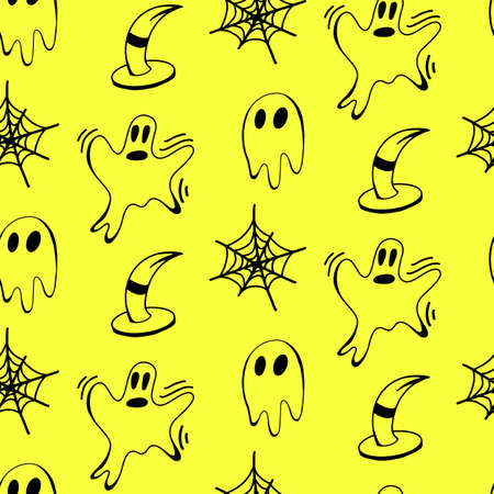 Vector halloween ghost, cobweb, witch hat seamless pattern wallpaper. Cute illustration for seasonal design, textile, decoration kids playroom or greeting card. Hand drawn prints and doodles.のイラスト素材