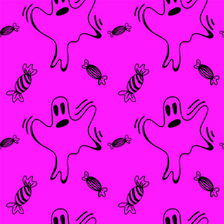 Vector halloween ghost and sweets seamless pattern isolated background. Funny, cute illustration for seasonal design, textile, decoration kids playroom or greeting card. Hand drawn prints and doodles.のイラスト素材