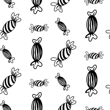 Vector halloween candy seamless pattern isolated on white background. Funny, cute illustration for seasonal design, textile, decoration kids playroom or greeting card. Hand drawn prints and doodles.のイラスト素材