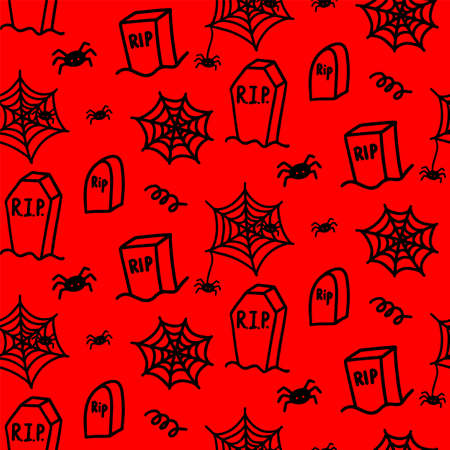 Vector halloween seamless pattern of grave, cobweb, spider, curls, cemetery. Funny, cute illustration for seasonal design, textile, decoration kids playroom or greeting card. Hand drawn doodle prints.のイラスト素材