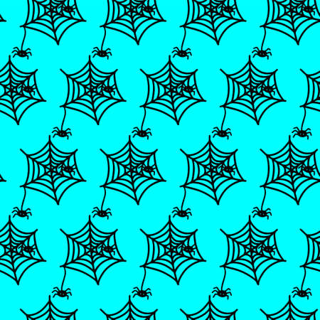 Vector halloween seamless pattern spider web clipart isolated on blue background. Funny, cute illustration for seasonal design, textile, decoration kids playroom or greeting card. hand drawn art.のイラスト素材