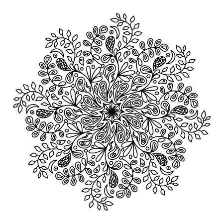 Floral vector mandala with flowers and leaves in doodle style isolated on white background. Funny coloring and cute illustration for seasonal design, textile, decoration kids playroom or greeting cardのイラスト素材