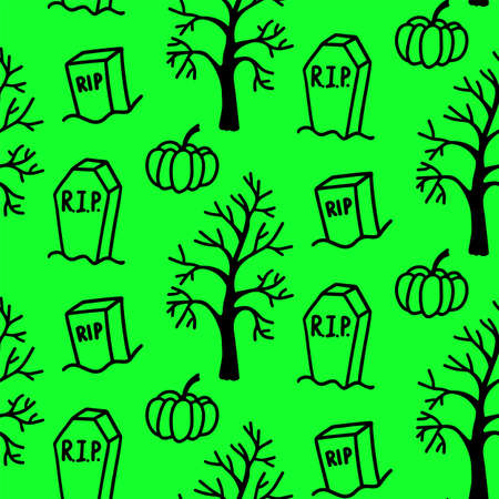 Vector halloween seamless pattern of grave, cemetery, pumpkin, dry tree. Funny, cute illustration for seasonal design, textile, decoration kids playroom or greeting card. Hand drawn prints and doodles.のイラスト素材
