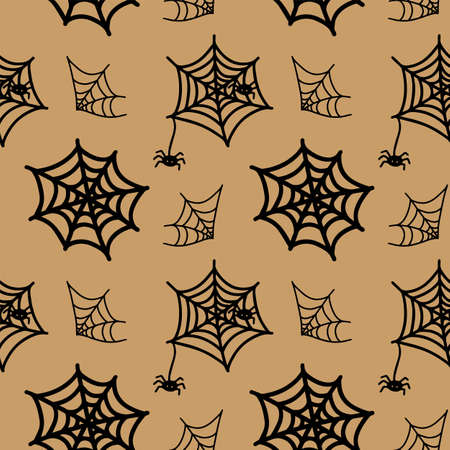 Vector halloween seamless pattern spider web clipart isolated on blue background. Funny, cute illustration for seasonal design, textile, decoration kids playroom or greeting card. hand drawn art.のイラスト素材