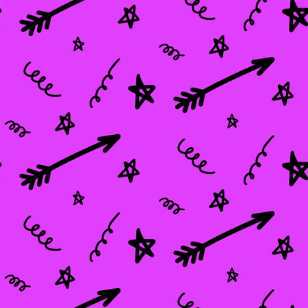 Vector halloween seamless pattern of arrows, curls, stars. Funny and cute illustration for seasonal design, textile, decoration kids playroom or greeting card. Hand drawn prints and doodles.のイラスト素材