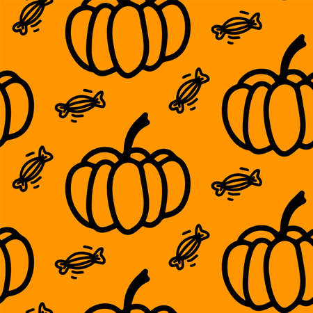 Vector halloween seamless pattern of pumpkin, candy on the orange background. Cute illustration for seasonal design, textile, decoration kids playroom or greeting card. Hand drawn prints and doodles.のイラスト素材