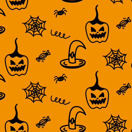 Vector halloween seamless pattern of pumpkin, witch hat, spider, candy, curl. Funny and cute illustration for seasonal design, textile, decoration kids playroom or greeting card. hand drawn prints.のイラスト素材