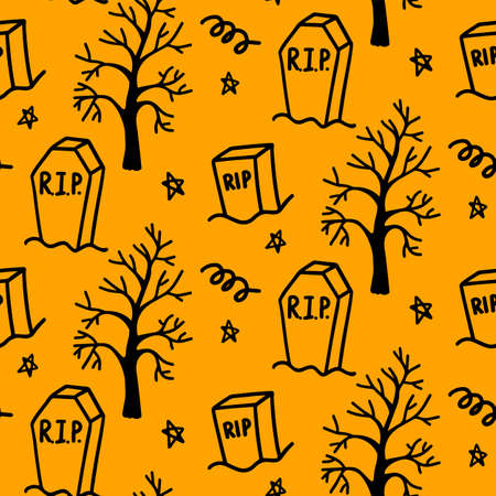 Vector halloween seamless pattern. Cemetery with dry wood, graves, night sky, stars and curls abstract scribble. Illustration for seasonal design, textile, decoration kids playroom or greeting card.のイラスト素材