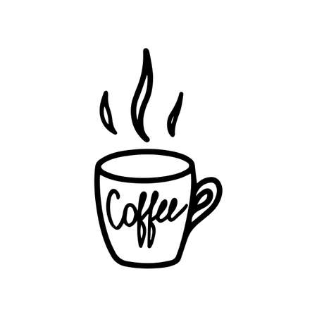 Single hand drawn cup of coffee, chocolate, cocoa, americano or cappuccino. Doodle vector illustration. Funny and cute Illustration for tea party at cafe or Stay home. isolated on white background.のイラスト素材