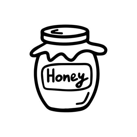 Vector jar of honey for kitchen isolated on white background. Funny, cute Illustration for seasonal design, textile, decoration kids playroom or greeting card. Hand drawn prints and doodle Stay home.のイラスト素材