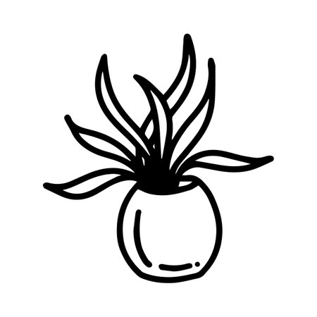 Floral vector flower in a pot and leaves in doodle style isolated on white background. Cute flower coloring illustration for seasonal design, textile, decoration kids playroom or greeting card.のイラスト素材