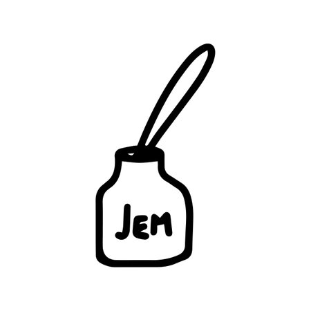 Vector jar of jam for kitchen isolated on white background. Funny, cute Illustration for seasonal design, textile, decoration kids playroom or greeting card. Hand drawn prints and doodle Stay home.のイラスト素材