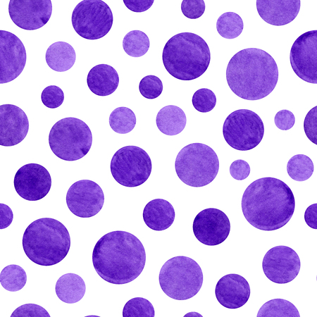 Watercolor abstract geometric seamless pattern. Random textured purple cirlces scattered on white backgroundの写真素材