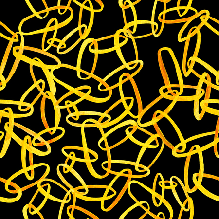 Watercolor interlocking chains seamless pattern. Hand drawn illustration with golden rings on black backgroundの写真素材