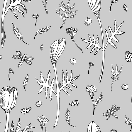 Abstract seamless floral pattern with tulips, leaves and herbs. Hand drawn black and white flowers on grey background. Outline botanical illustration for fabrics, invitation cards design, wrapping, wallpaper templateの写真素材