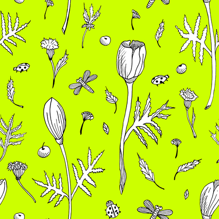 Abstract seamless floral pattern with tulips, leaves and herbs. Hand drawn black and white flowers on green background. Outline botanical illustration for fabrics, invitation cards design, wrapping, wallpaper templateの写真素材