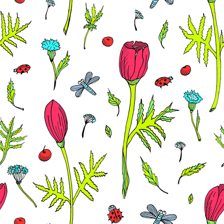 Abstract seamless floral pattern with tulips, leaves and herbs. Hand drawn colored flowers on white background. Botanical illustration for fabrics, invitation cards design, wrapping and wallpaper templateの写真素材