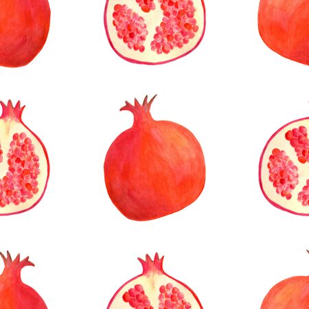 Watercolor pomegranate seamless pattern. Hand drawn red fruit illustration background isolated on white for food package design, decoration, menu, covers, wrapping, textile, print, scrapbooking.の写真素材