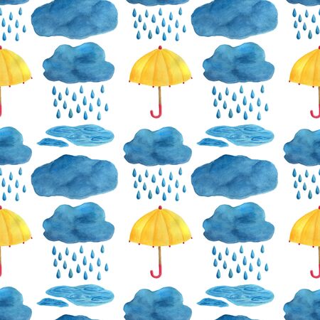 Watercolor umbrellas, clouds, puddles, rain seamless pattern. Cute hand painted illustration on...