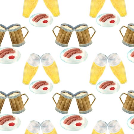 Watercolor wooden beer mugs, glass of lager, grill sausages on plate with ketchup seamless pattern. Hand drawn octoberfest concept. Illustration for festival decoration, pub menu designの写真素材