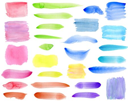 Watercolor green, blue, red, yellow, green brush strokes and smears set. Hand drawn colorful aquarelle stripes and blots isolated on white. Template background for text or decoration designの写真素材