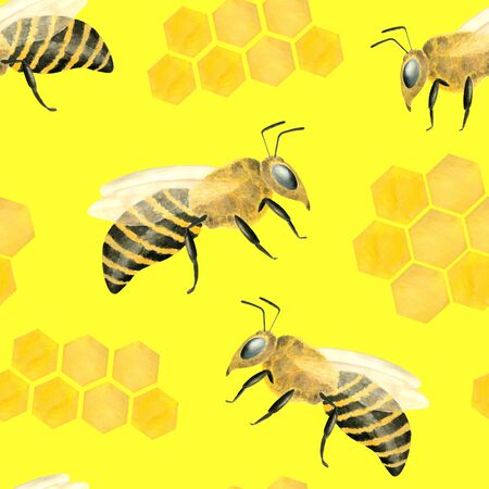 Watercolor apiculture seamless pattern. Hand drawn honeycomb and bees isolated on yellow background. Design for textile, fabrics, decoration, food wrapping decorの写真素材