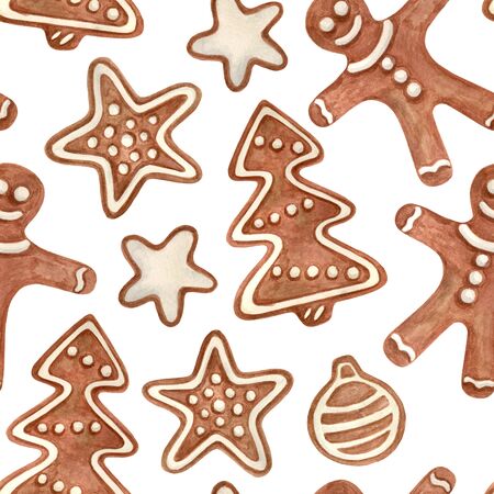 Watercolor Christmas seamless pattern. Hand drawn traditional cookies. Gingerbread man, star, tree with icing sugar. Decoration for holiday, greeting cards, wrapping paper, postcardsの写真素材