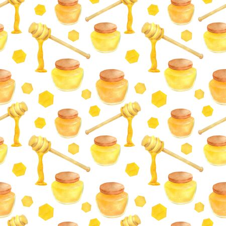 Watercolor apiculture seamless pattern. Hand drawn honey jar, dipper spoon and stick, honeycomb. Illustration isolated on white background for design, decoration, food packaging.の写真素材