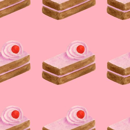 Watercolor slice of cake seamless pattern. Hand drawn fruit cream chocolate biscuit with cherry dessert. Sweet food illustration on pink background for menu decoration, birthday celebration, designの写真素材