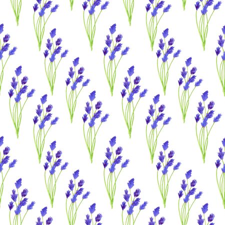 Watercolor beautiful campanula seamless pattern. Abstract floral illustration with bluebell isolated on white background. Hand drawn purple flowers for design, decoration, fabric, textile, printの写真素材