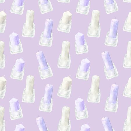 Watercolor colored candles in glass candlesticks seamless pattern. Hand drawn illustration on pastel purple background for cards, decoration, wrapping paper, home design.の写真素材