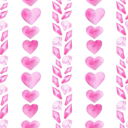 Watercolor romantic seamless pattern for Saint Valentine's Day. Hand drawn pink hearts, diamonds, crystals in line border. Elements isolated on white for greeting cards, wrapping, printingの写真素材