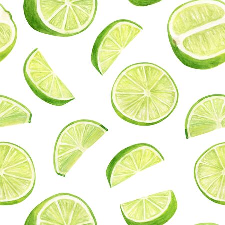 Watercolor lime seamless pattern. Hand drawn botanical illustration of citrus slices isolated on white background.の写真素材