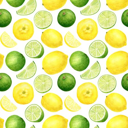 Watercolor citrus mix seamless pattern. Hand drawn botanical illustration of lime and lemon fruits and slices isolated on white background. Design for textile, wrapping, package, cards, decorationの写真素材
