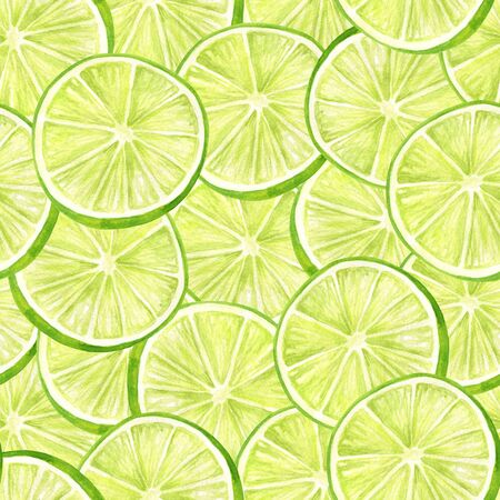 Watercolor citrus slice seamless pattern. Hand drawn lime background. Design for textile, wrapping, package, cards, decorationの写真素材